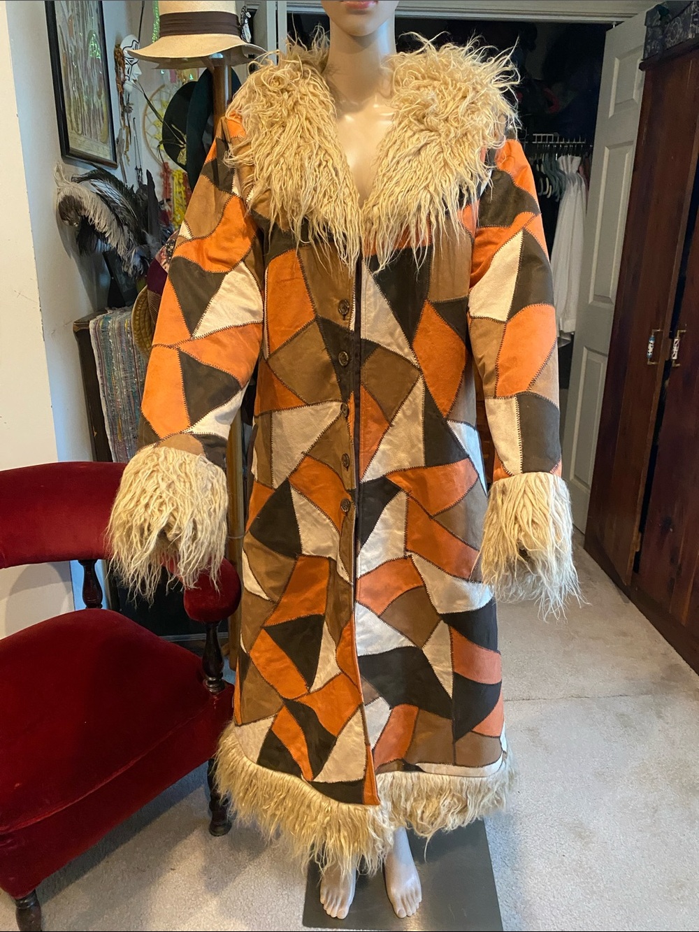 The Hippie Shake Patchwork Coat with Faux Suede & Fur Trim - Orange/Black/Tan